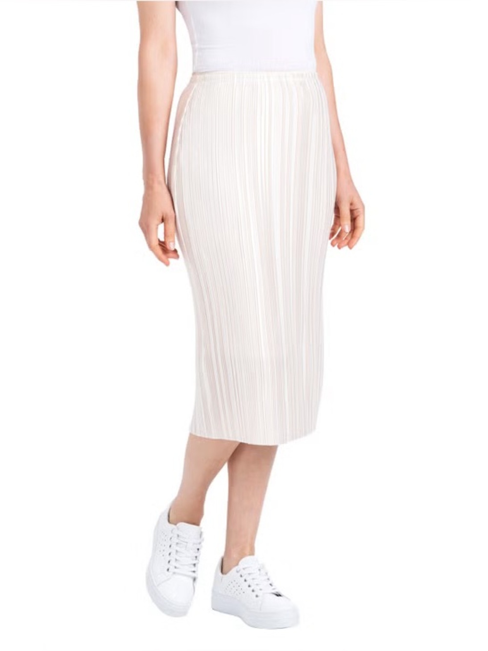 Dalia Women's Pleated Midi Skirt Elastic Waistband Beige